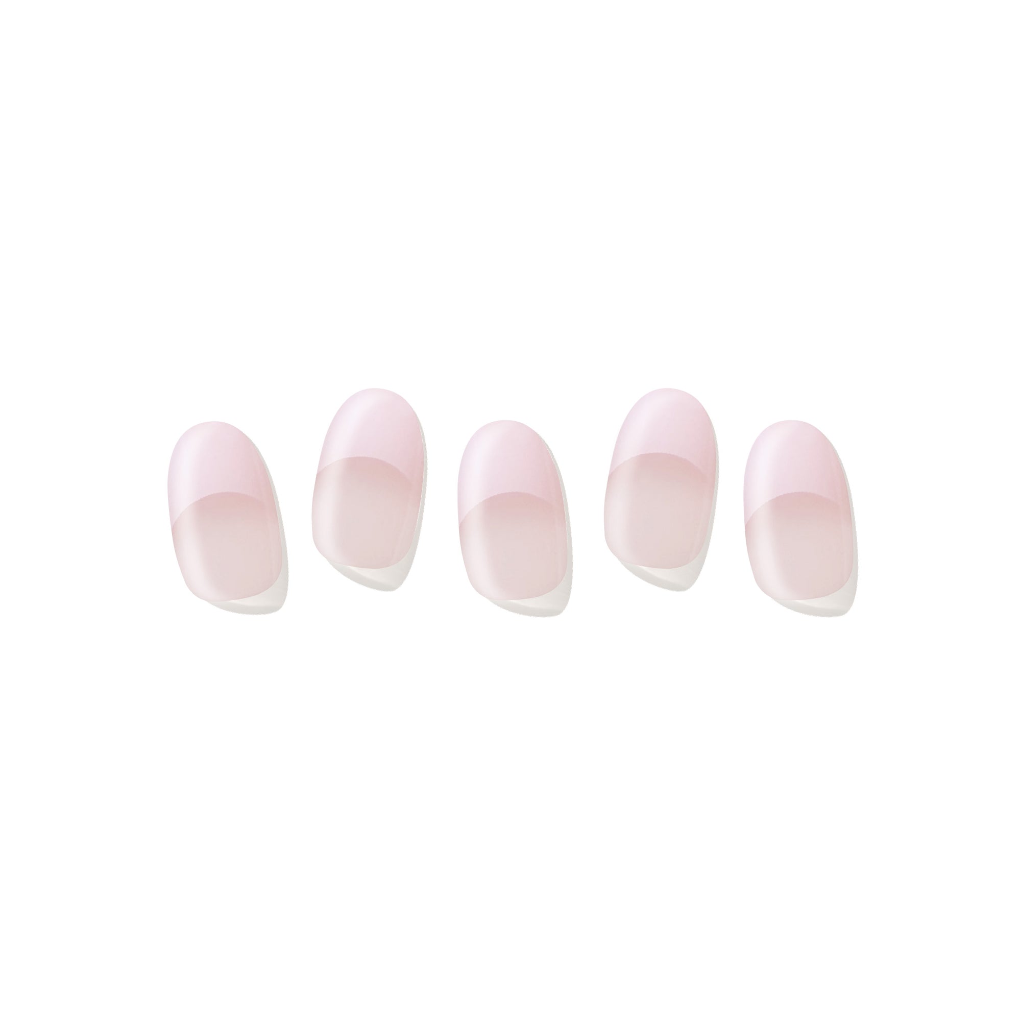 Five semi-cured nail strips with a baby pink French tips design on a white background.