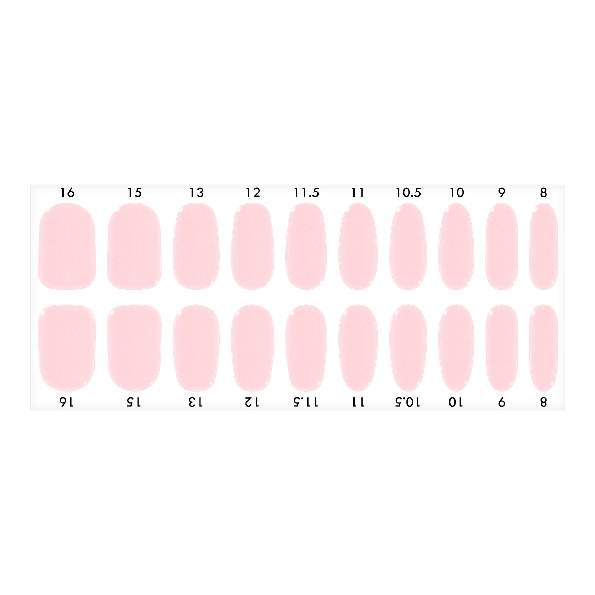 Standard size semi-cured gel nail strips sheet shown on a white background, featuring a baby pink color, arranged by numbered nail sizes.