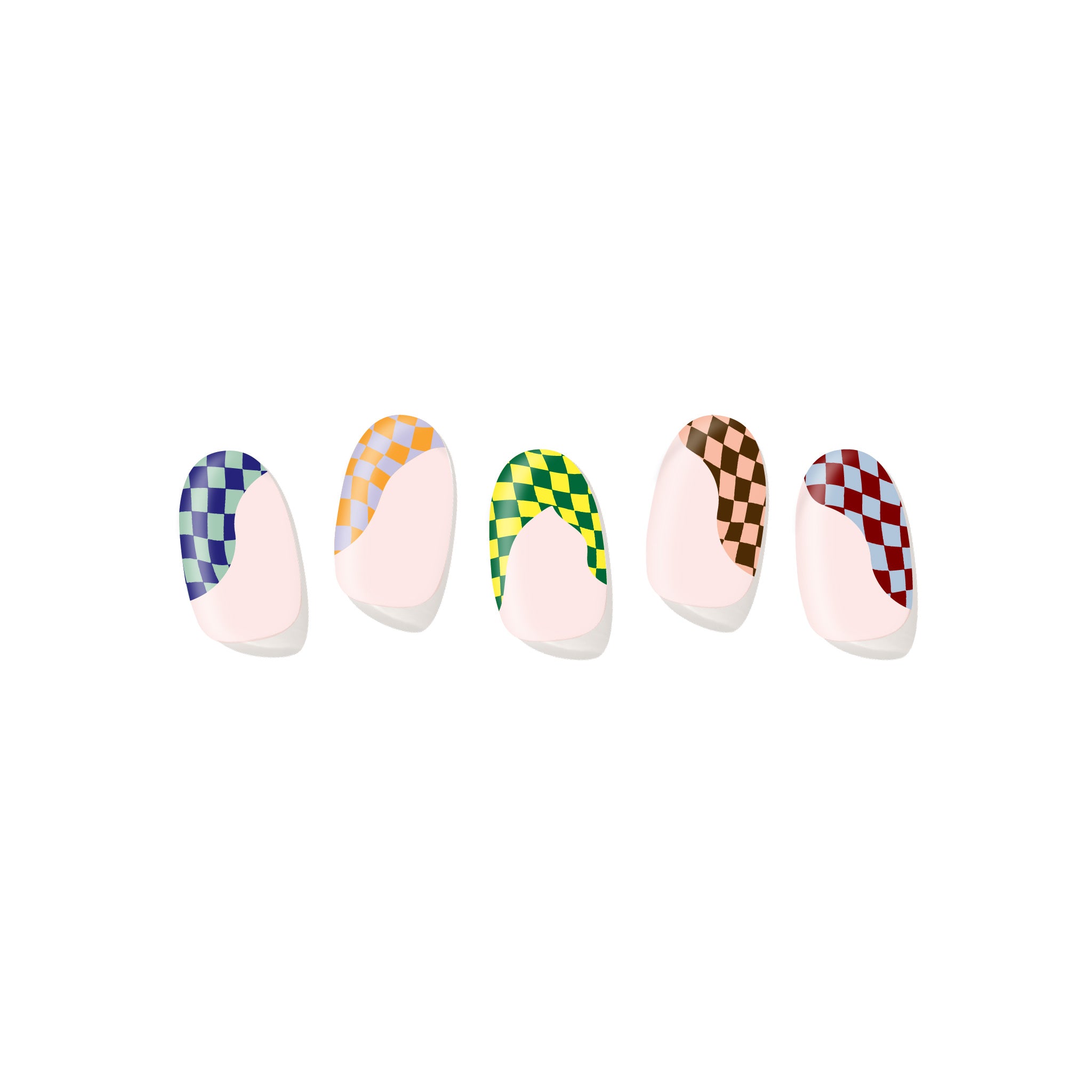 Five semi-cured gel nail strips displayed on a white background, featuring a soft blush base with colorful checkered pattern tips.
