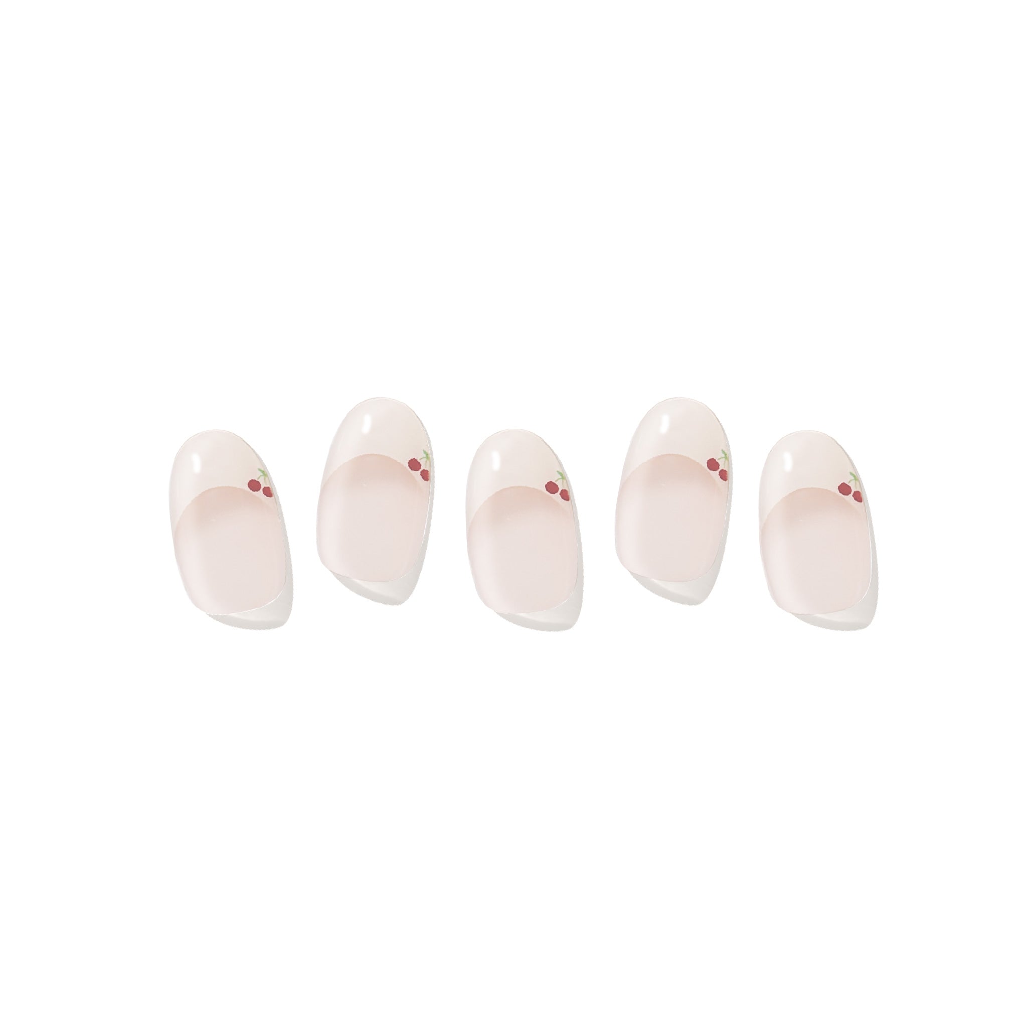 Five semi-cured gel nail strips displayed on a white background, featuring an off-white French tip design with a small red cherry accent.