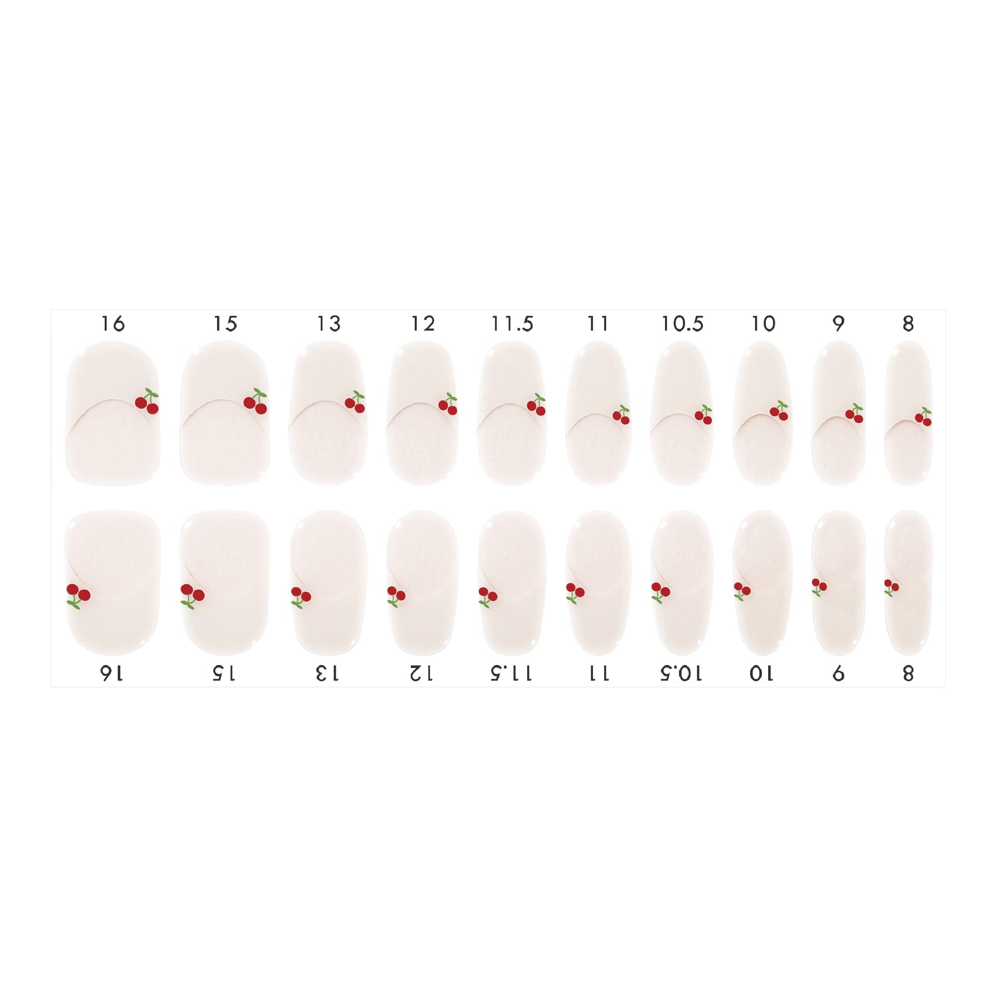 Standard size semi-cured gel nail strips sheet shown on a white background, featuring an off-white French tip design with small red cherry accents, arranged by numbered nail sizes.