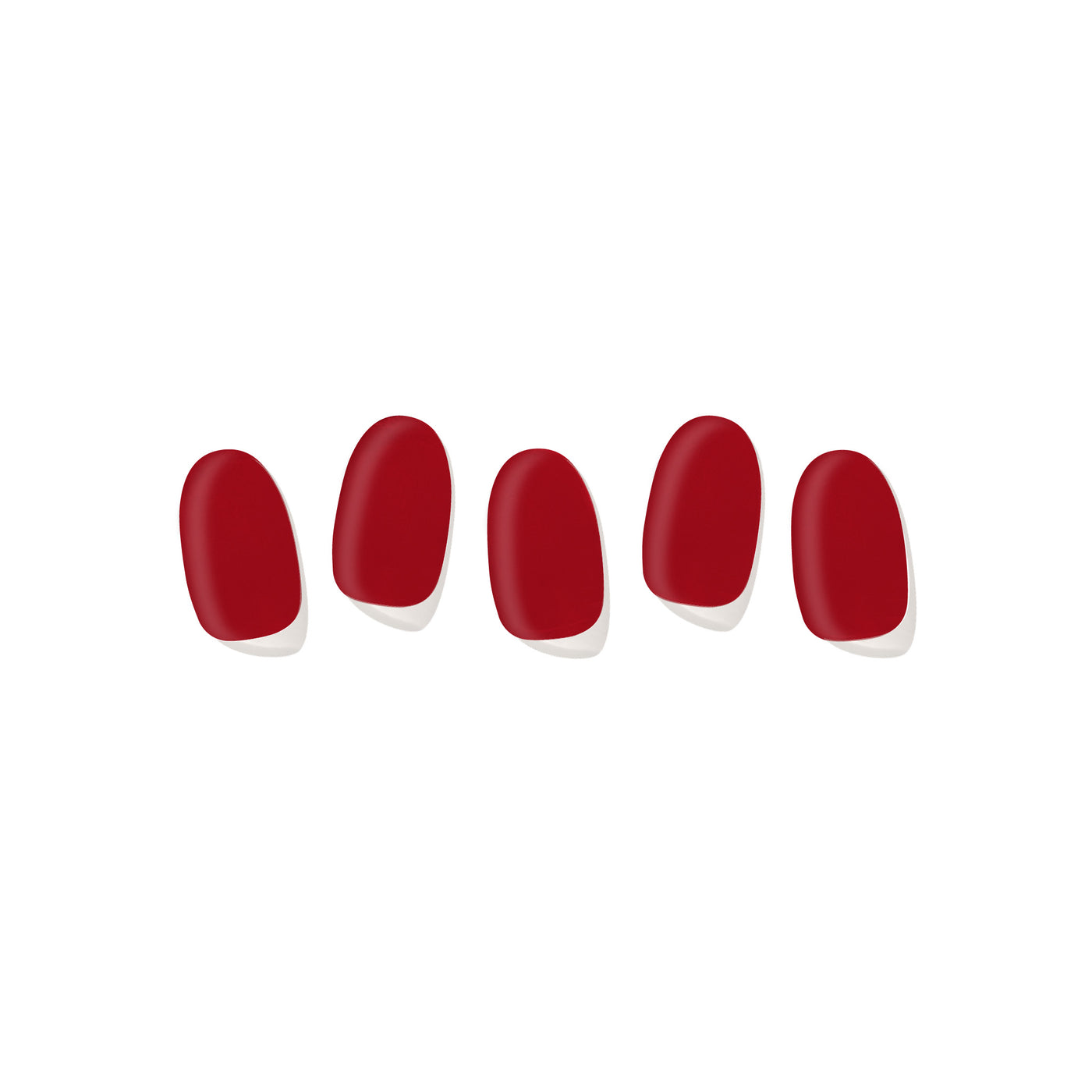 Five semi-cured gel nail strips displayed on a white background, featuring a dark red color.