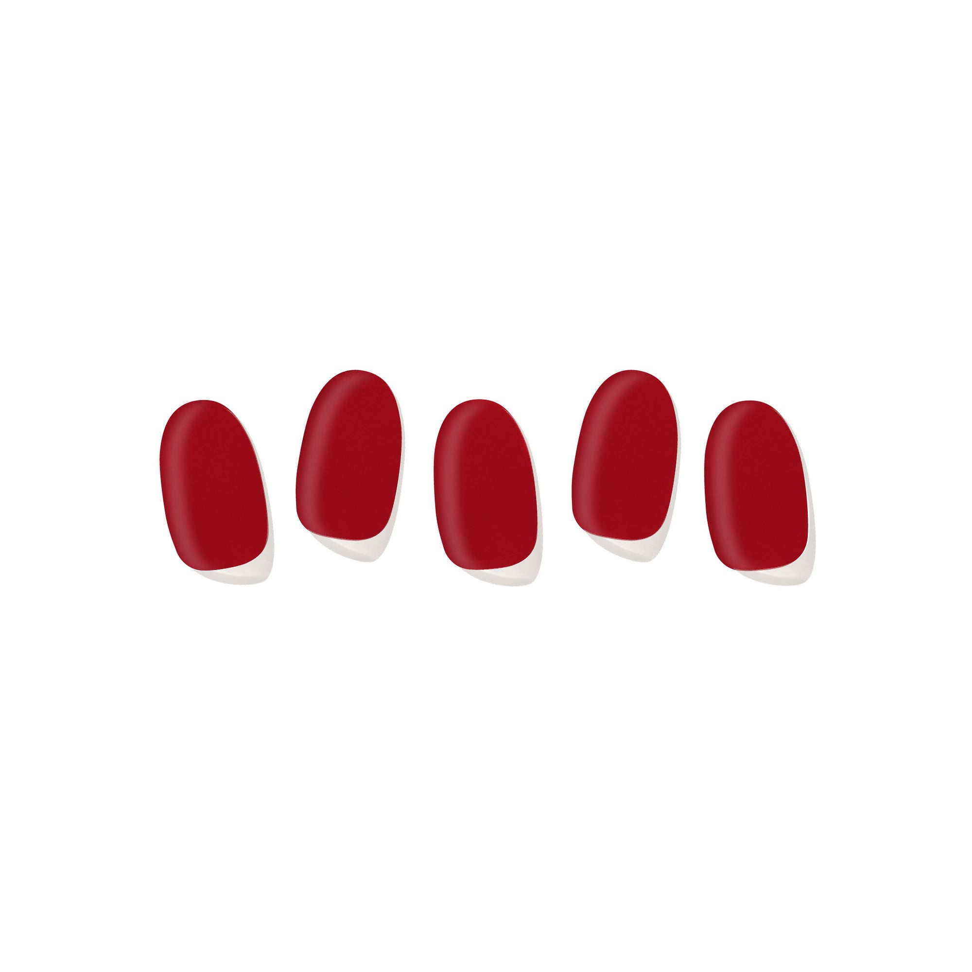 Five semi-cured gel nail strips displayed on a white background, featuring a dark red color.