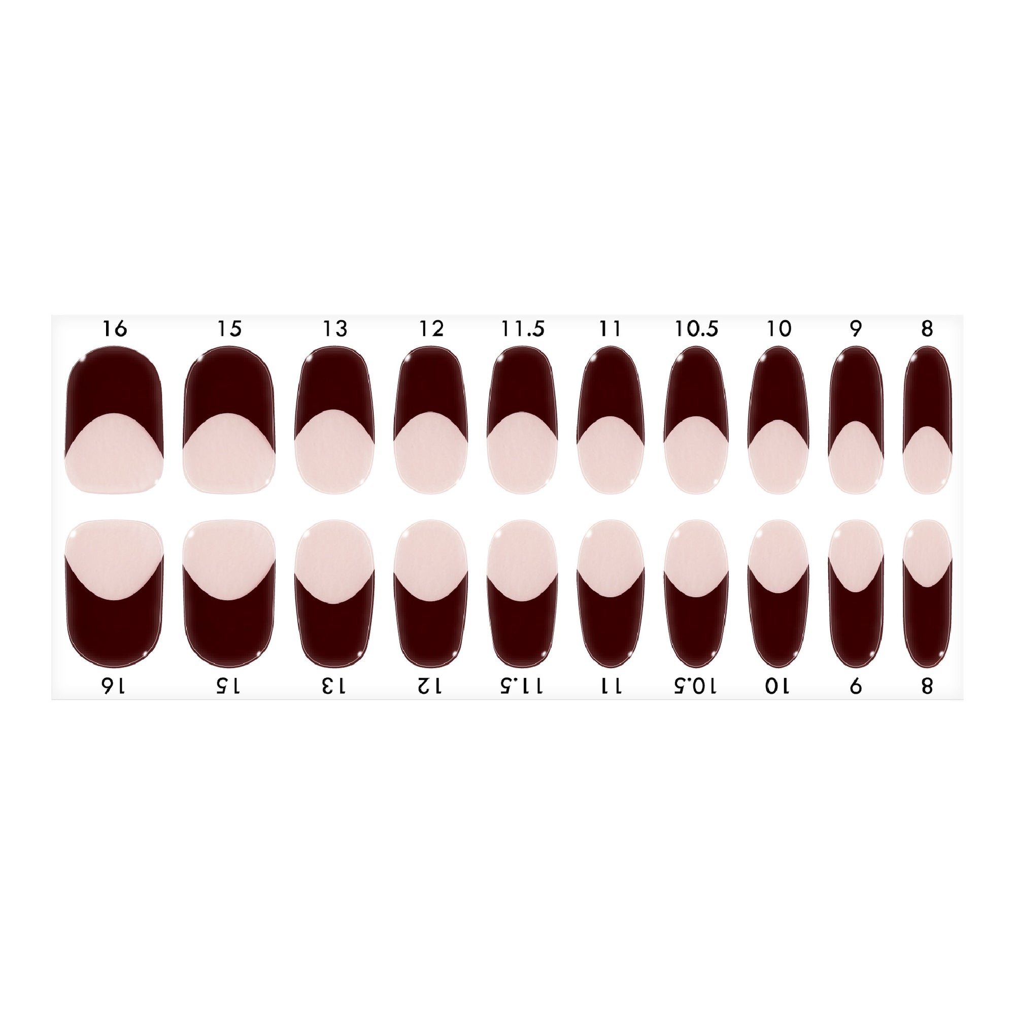 Standard size dark cherry French tips design nail strips sheet on a white background.
