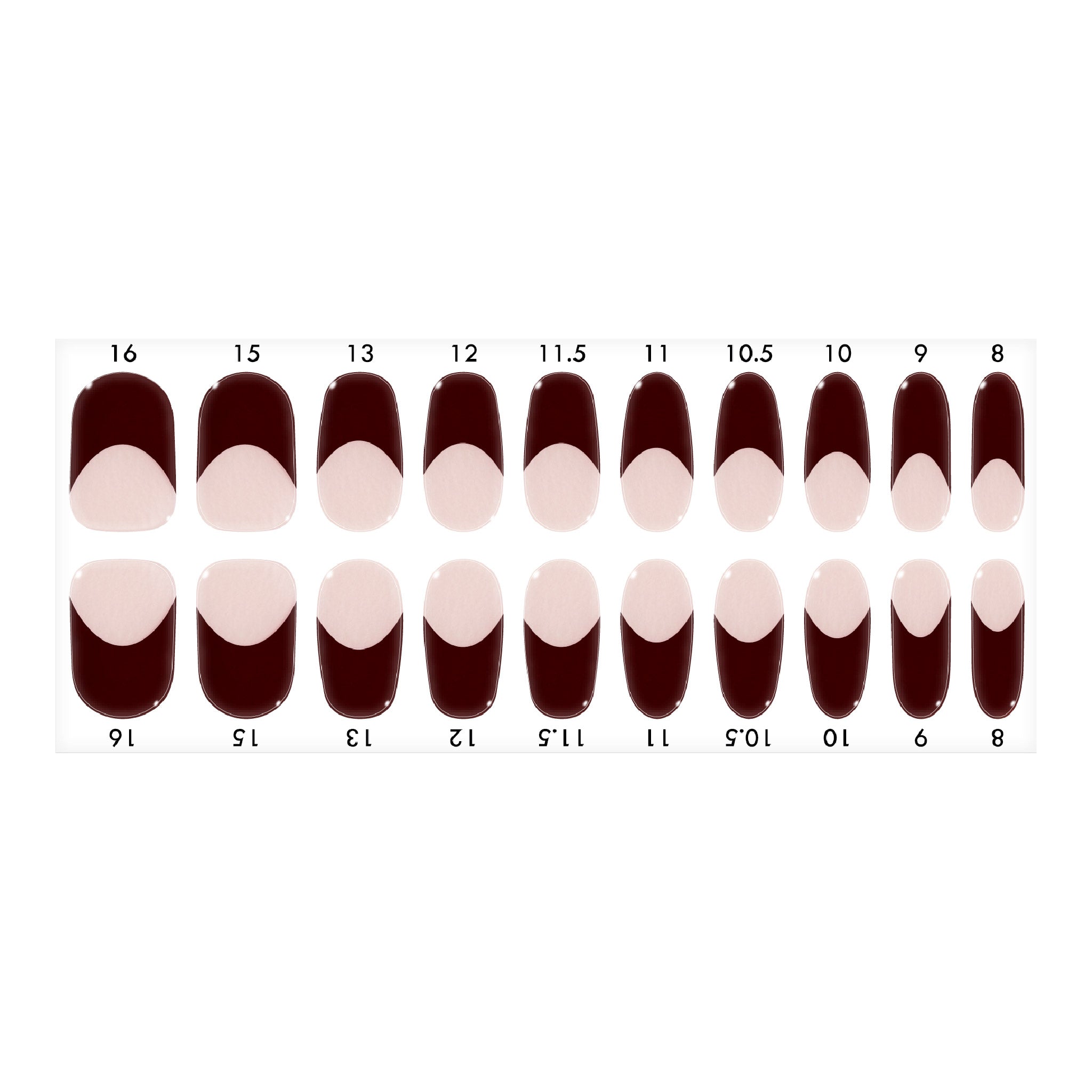 Standard size dark cherry French tips design nail strips sheet on a white background.