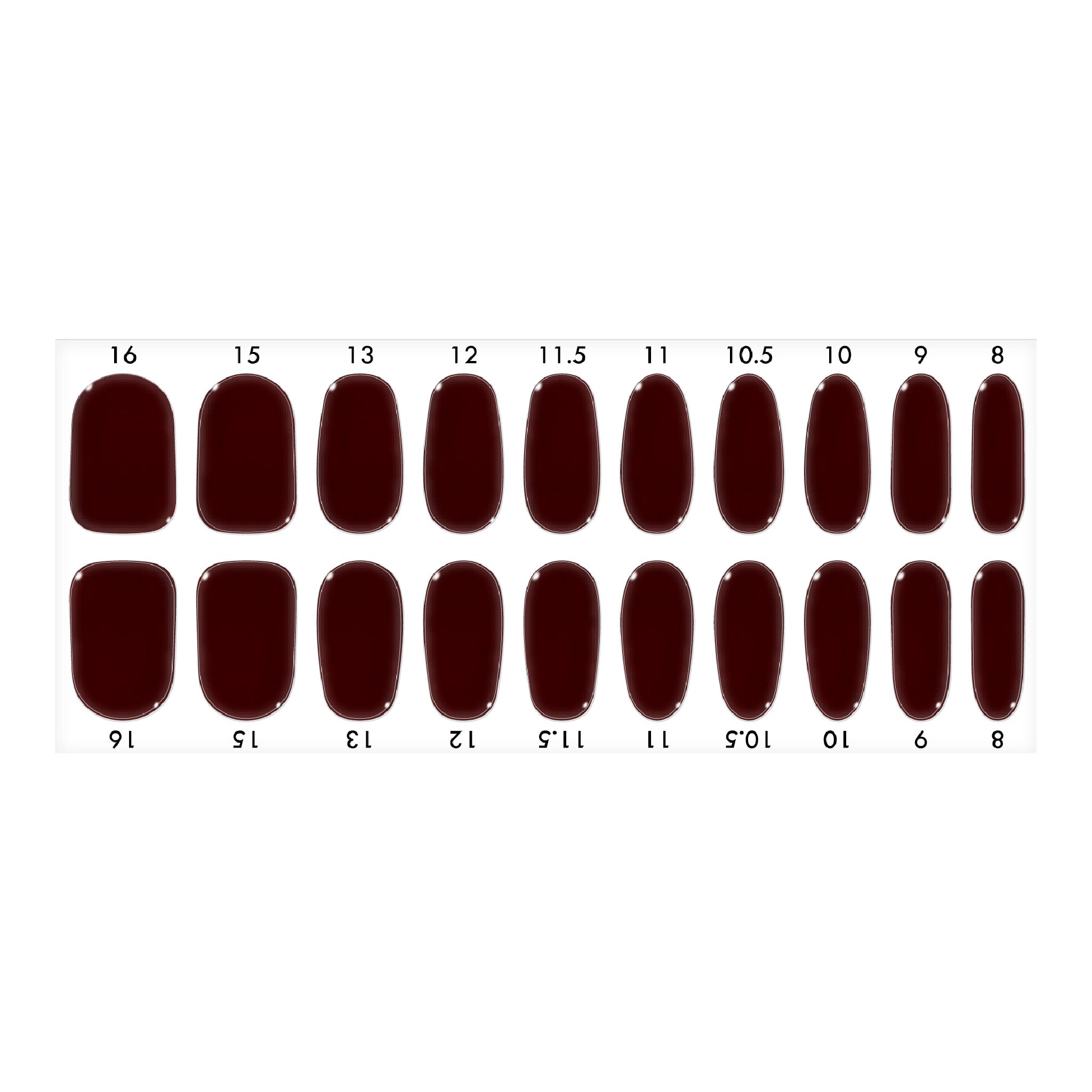 Standard size semi-cured gel nail strips sheet shown on a white background, featuring a dark cherry burgundy color, arranged by numbered nail sizes.
