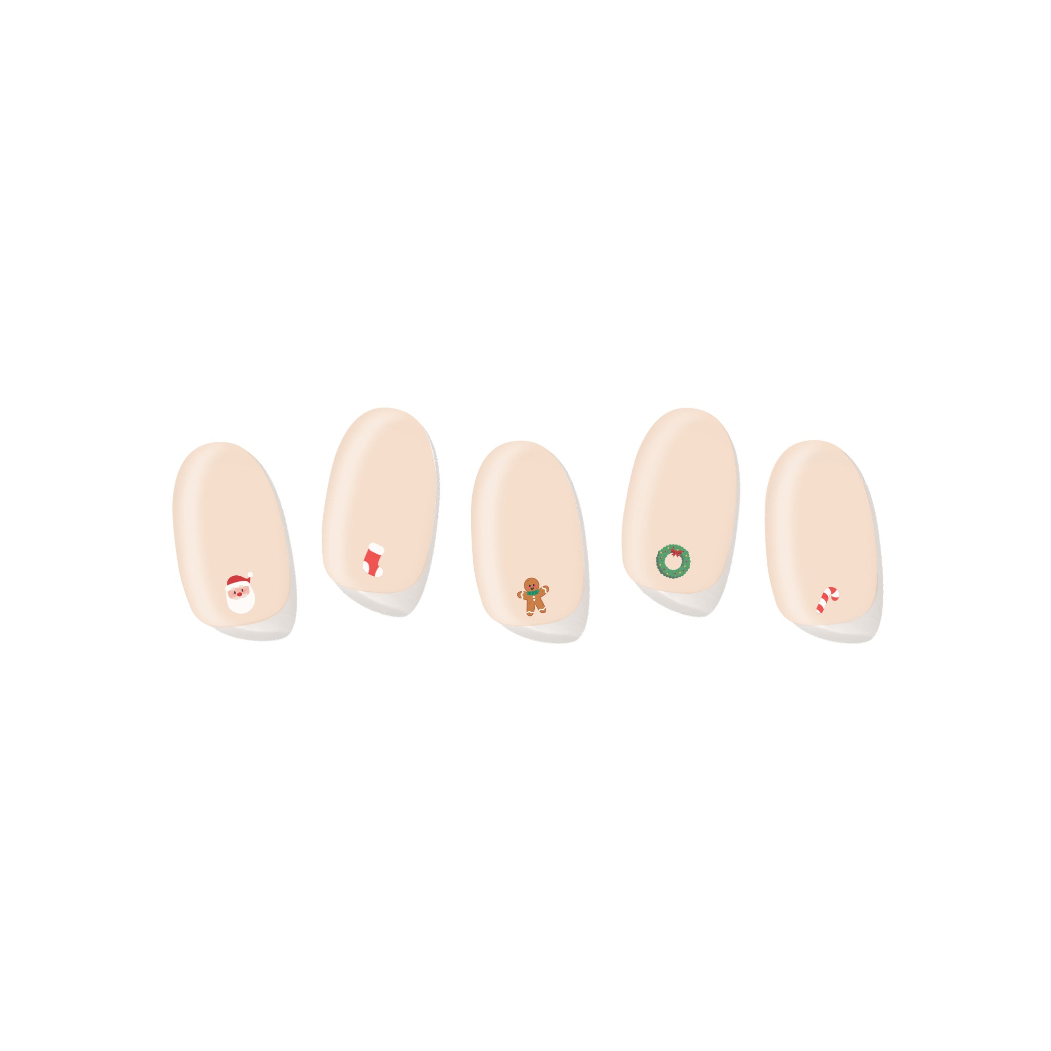 Five semi-cured gel nail strips displayed on a white background, featuring a soft neutral base with small Christmas-themed nail art including a Santa face, stocking, gingerbread figure, wreath, and candy cane.