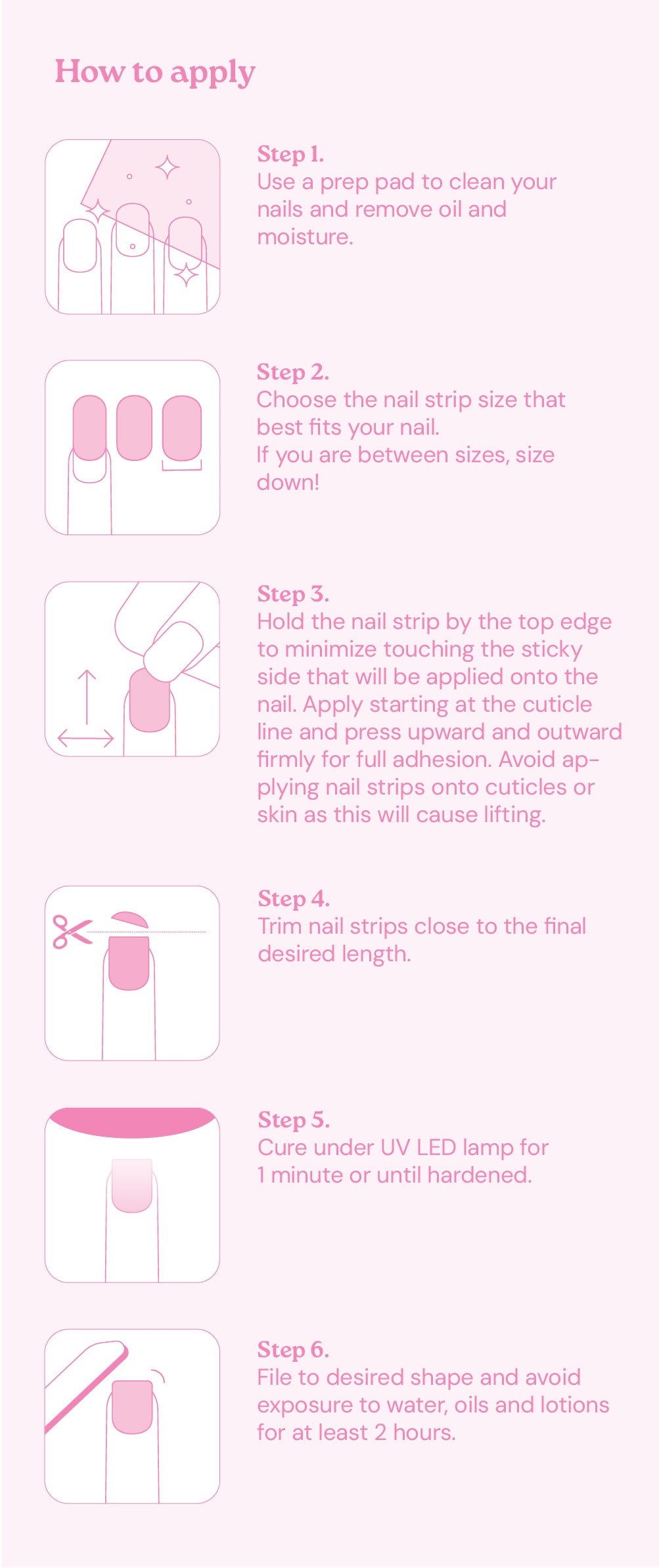 Illustrated instructions showing how to apply semi-cured gel nail strips: clean nails with a prep pad, choose the correct size, apply from the cuticle and press firmly, trim excess length, cure under a UV/LED lamp, and file to shape.