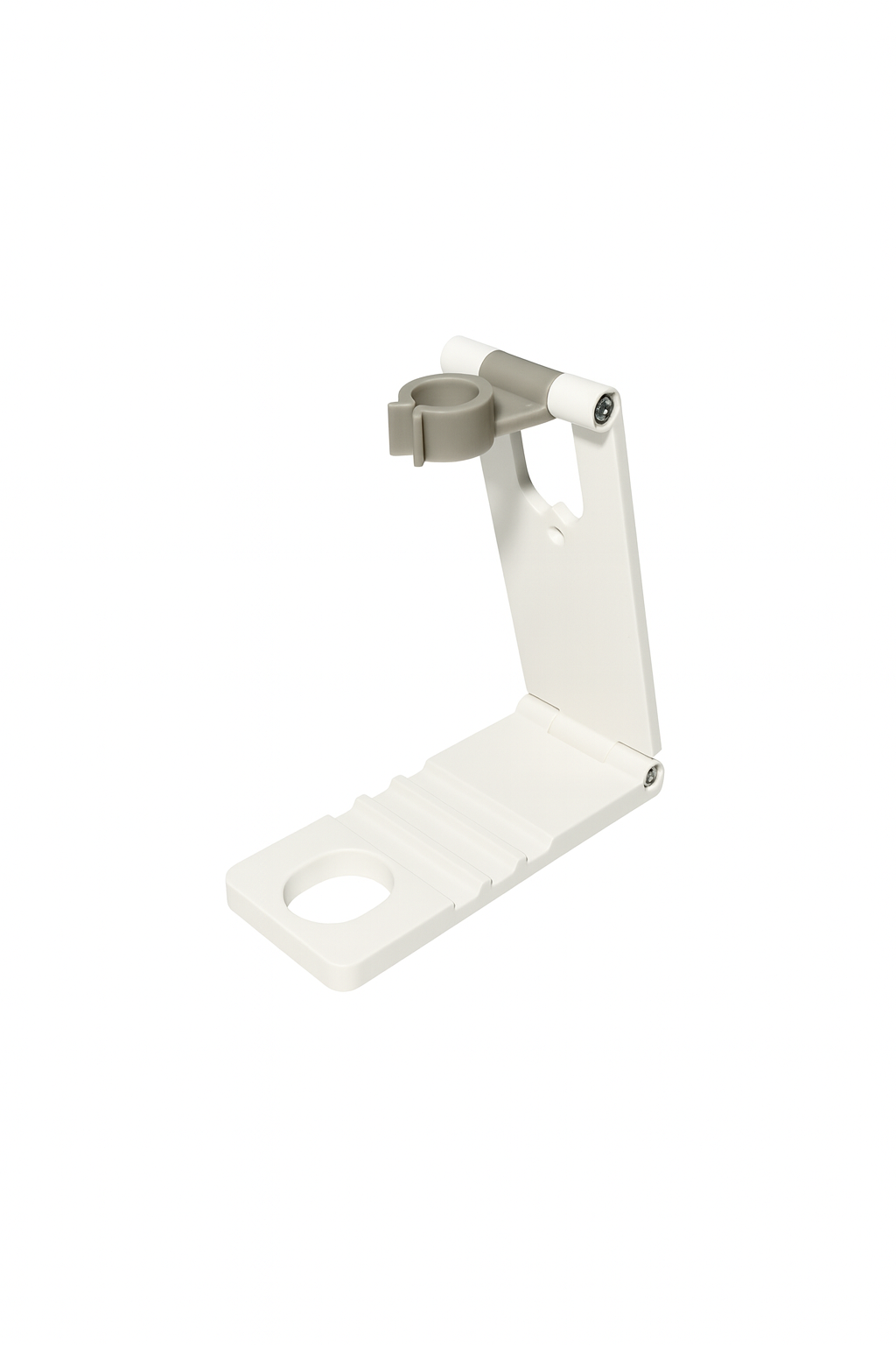 White foldable nail lamp stand displayed on a white background, featuring a gray circular holder.