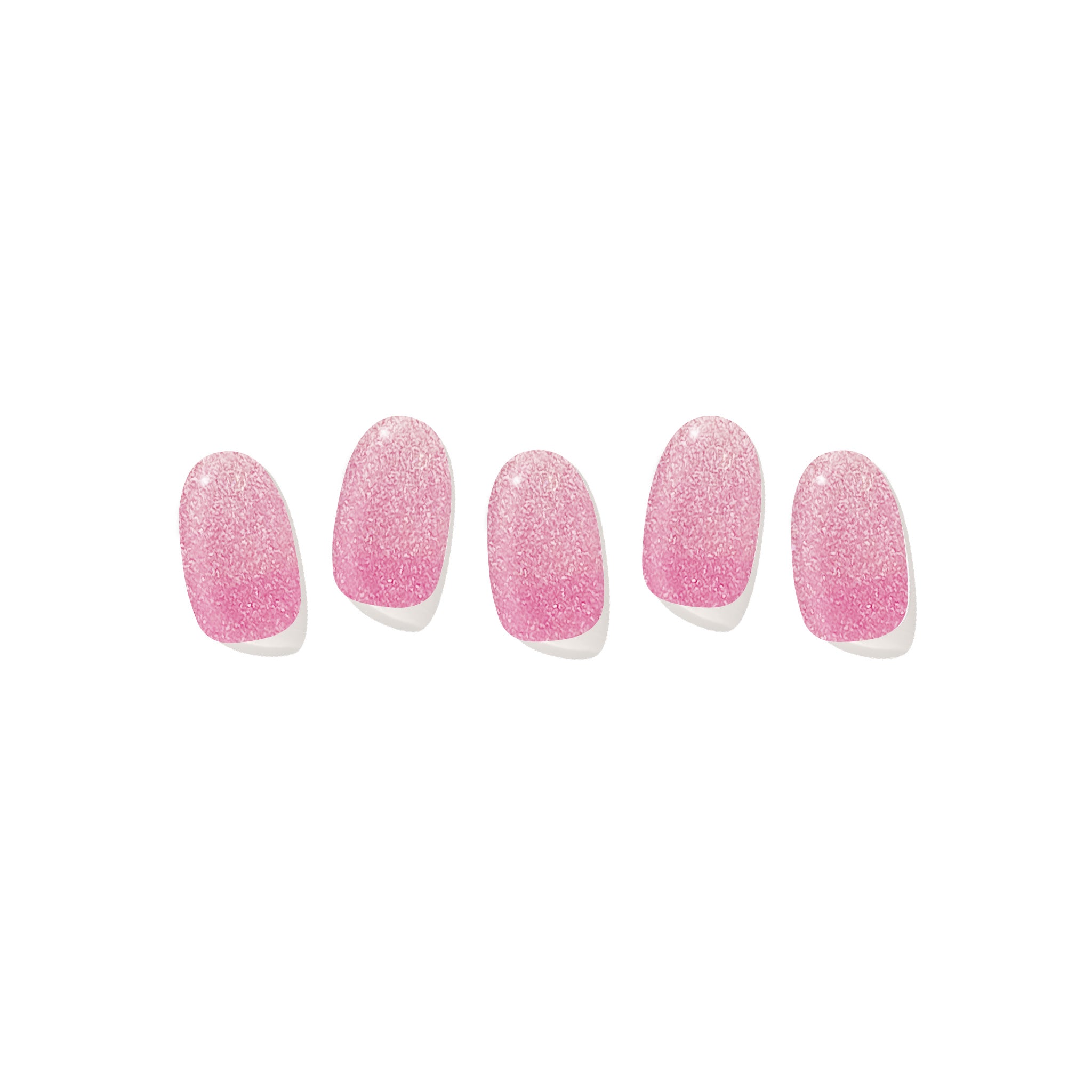 Five semi-cured gel nail strips displayed on a white background, featuring a pink glitter ombré design.
