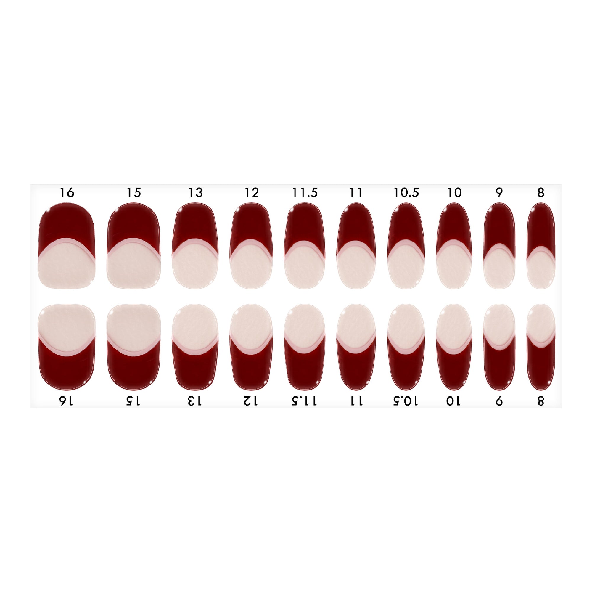 Standard size semi-cured gel nail strips sheet shown on a white background, featuring brown French tip designs with a thin pink accent line, arranged by numbered nail sizes.