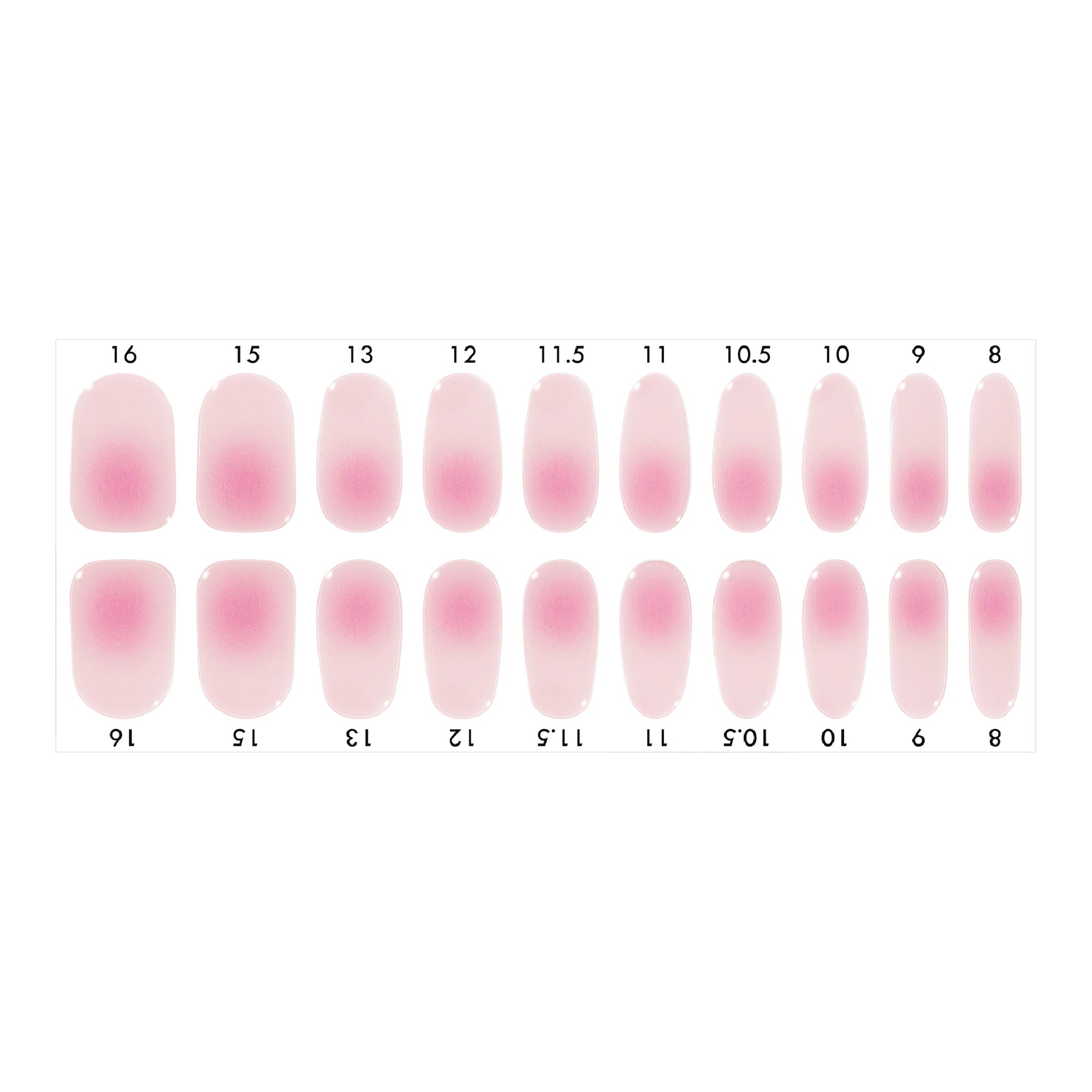 Standard size semi-cured gel nail strips sheet shown on a white background, featuring a blush base with a pink aura-style gradient, arranged by numbered nail sizes.