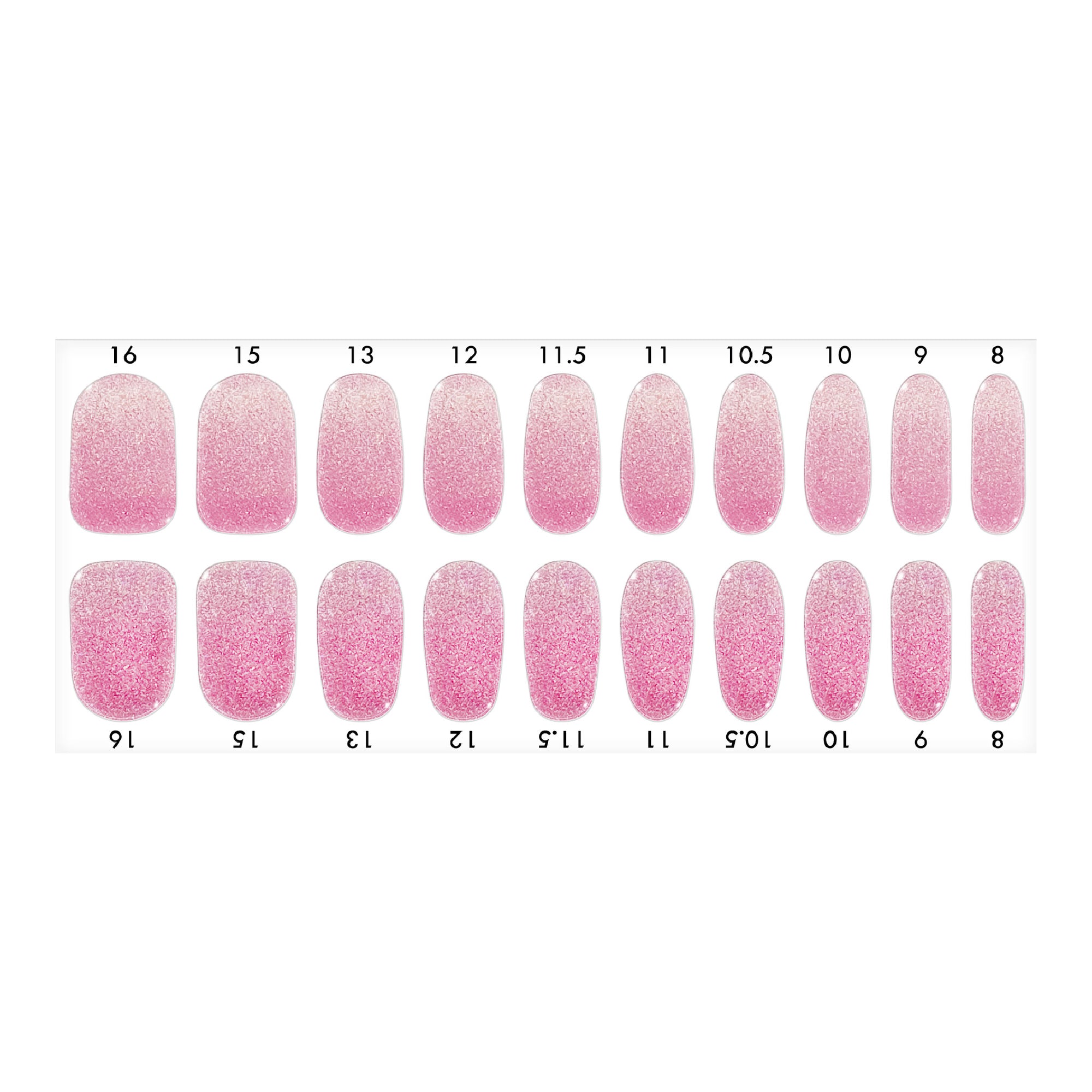 Standard size semi-cured gel nail strips sheet shown on a white background, featuring a pink glitter ombré design, arranged by numbered nail sizes.
