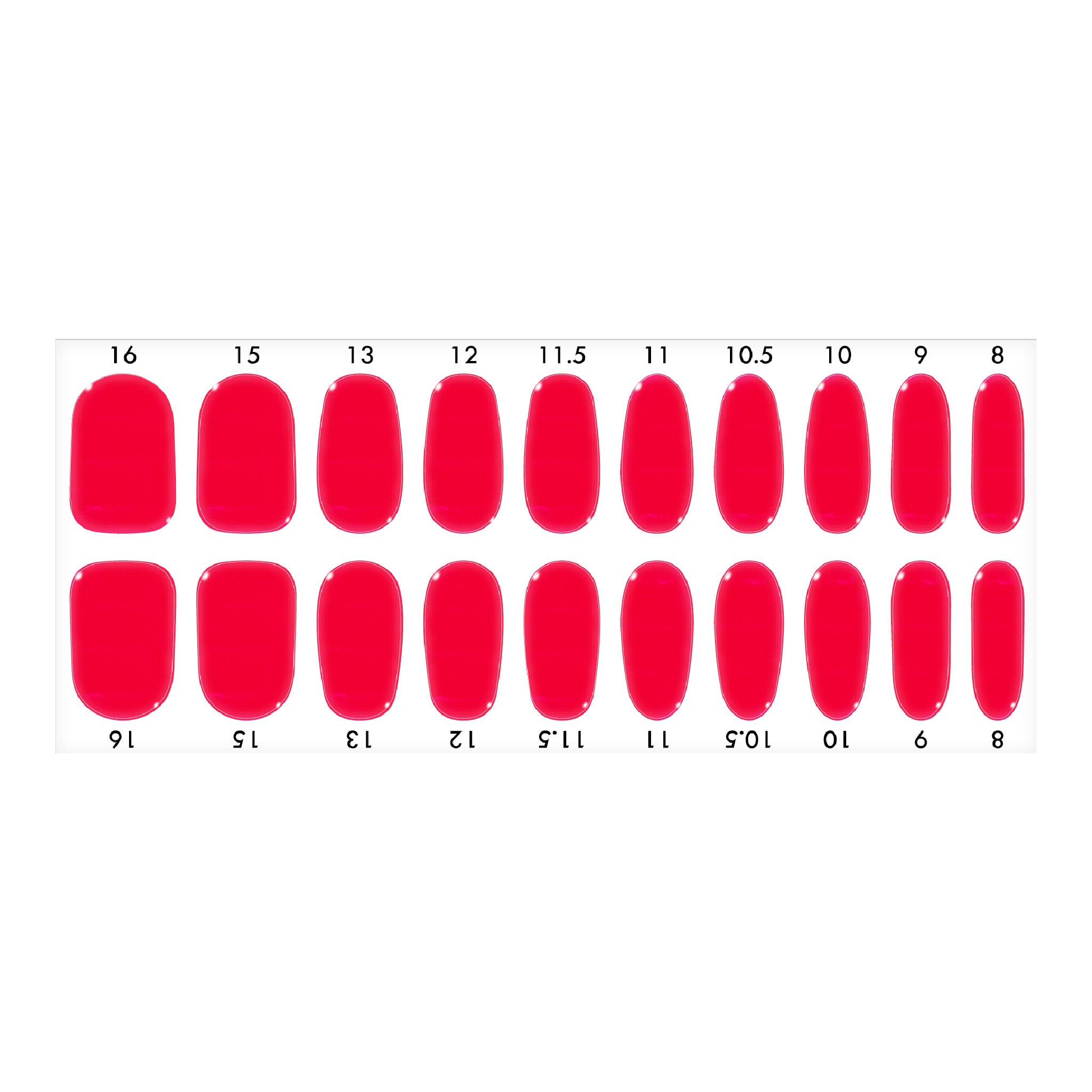 Standard size semi-cured gel nail strips sheet shown on a white background, featuring a glossy red jelly design with a slightly translucent finish, arranged by numbered nail sizes.