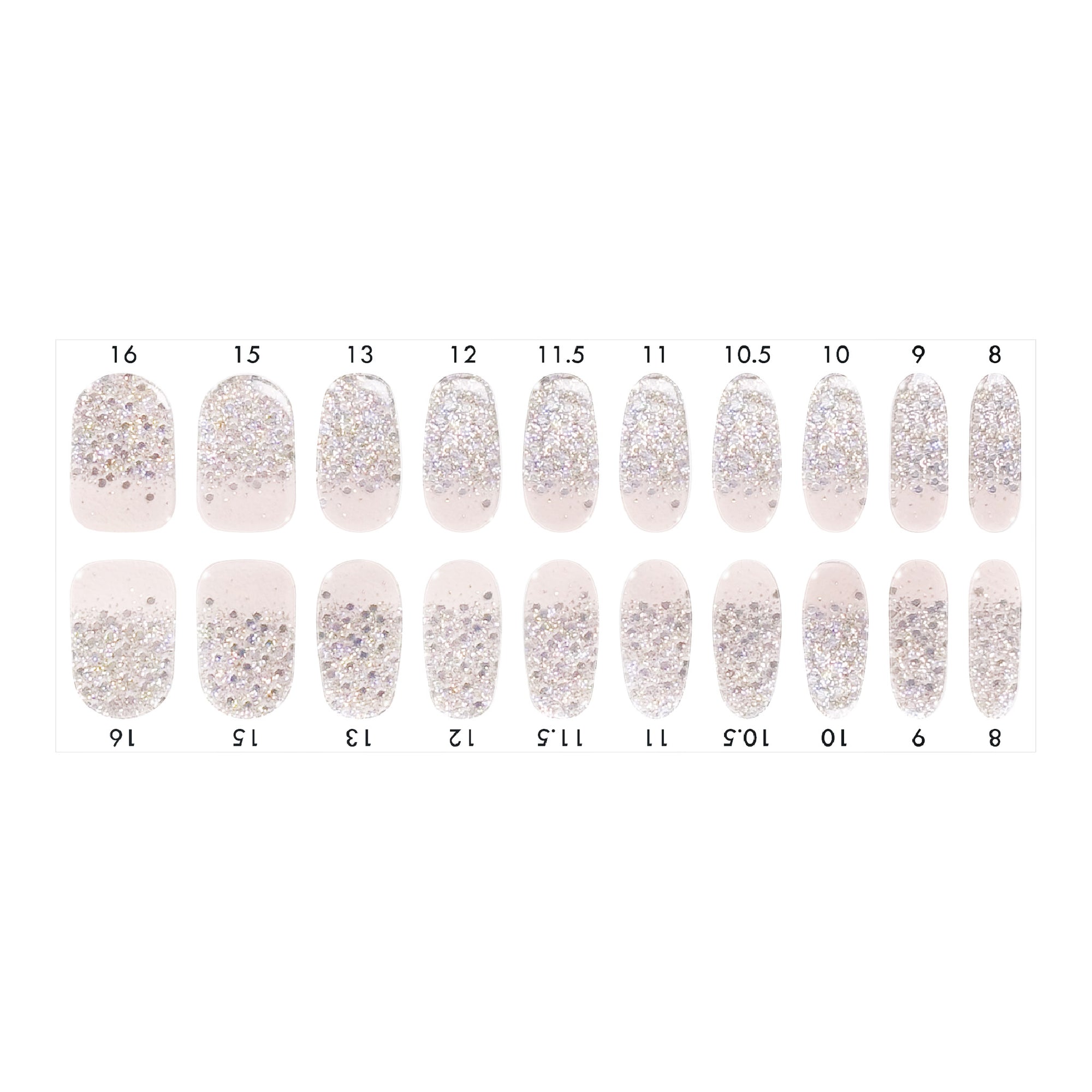 Standard size semi-cured gel nail strips sheet shown on a white background, featuring a blush base with silver glitter gradient tip designs, arranged by numbered nail sizes.